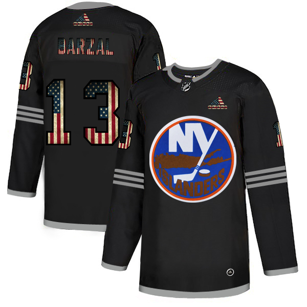 Men's New York Islanders #13 Mathew Barzal 2020 Grey USA Flag Stitched NHL Jersey